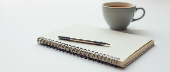 Close-up of notebook, pen, and coffee cup on white background, stylish and chic, modern workspace essentials