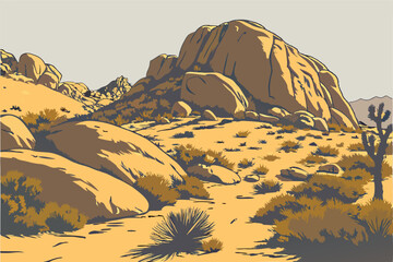 34 Photorealistic desert rocks, large boulders, scattered vegetation, arid landscape, warm sunlight, textured stone surfaces, isolated rock formation, desert scrub brush, weathered geological features © Manik Mia