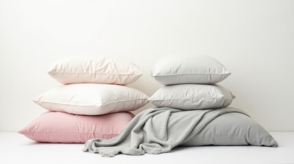 Wide view of pastel blankets and pillows neatly folded on white backdrop, modern cozy style, home comfort focus