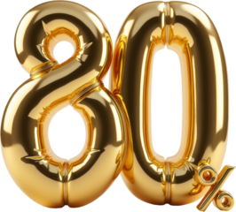 Golden balloon shaped as the number 80 and a percent symbol with transparent background