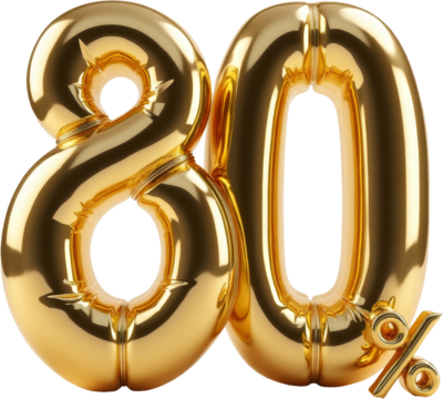 Golden balloon shaped as the number 80 and a percent symbol with transparent background
