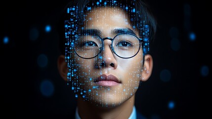 Young man's face overlaid with digital data.