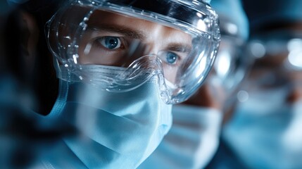 Focused medical team in protective gear