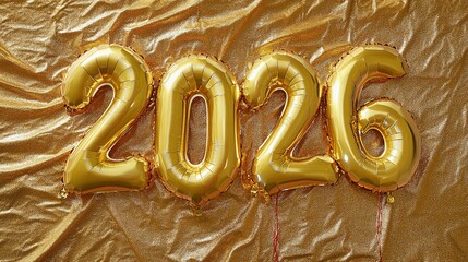 Golden celebration: Shimmering 2026 balloon numbers over radiant fabric backdrop