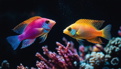 Fototapeta premium Vibrant pink and orange fish swim gracefully amidst coral, creating a captivating underwater scene.
