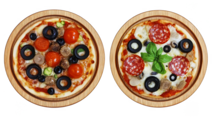 Delicious Pizza Photo Illustration With Fresh Ingredients like Tomato Cheese Olives Pepperoni and Basil Served on a Round Wooden Plate with Transparent Background Optimized for Adobe Stock