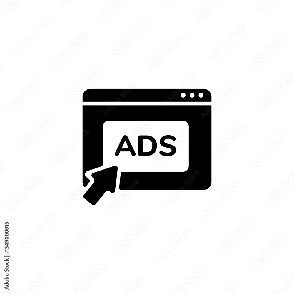 Poster black icon representing online advertisement in a browser with a mouse cursor clicking on it.