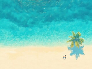 A couple relaxing on a pristine beach under a palm tree, with clear turquoise water