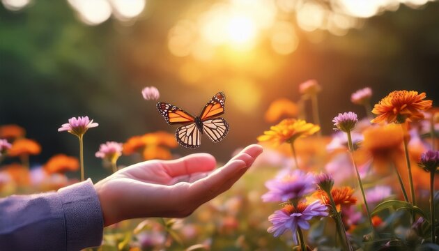 A close-up of a human hand gently releasing a butterfly into a vibrant flower garden, capturing a peaceful moment of freedom, nature, and delicate connection.