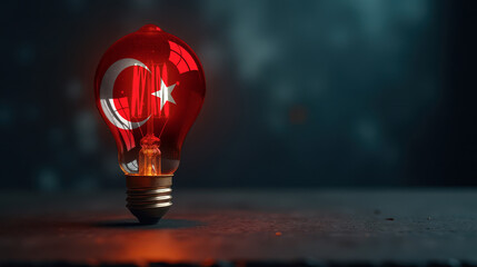 A patriotic concept: A light bulb with the Turkey flag design glowing in the dark, symbolizing ingenuity, technology, and energy independence