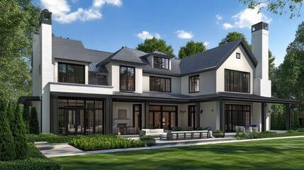 Obraz premium Modern Farmhouse Exterior Back, Landscaping, Sunny Day, 3D Render, Real Estate