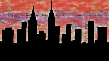 Obraz premium Silhouetted cityscape showing buildings against a colorful sunset sky