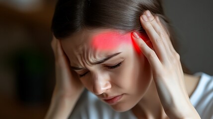 A woman suffering from a headache holds her temples tightly