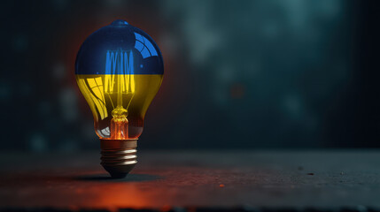 A patriotic concept: A light bulb with the Ukraine flag design glowing in the dark, symbolizing ingenuity, technology, and energy independence