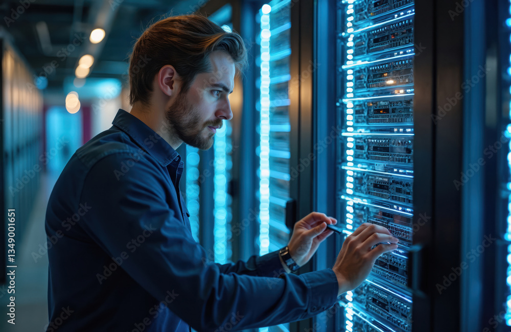 Poster caucasian technician checks server equipment in network server room. man works with modern digital t