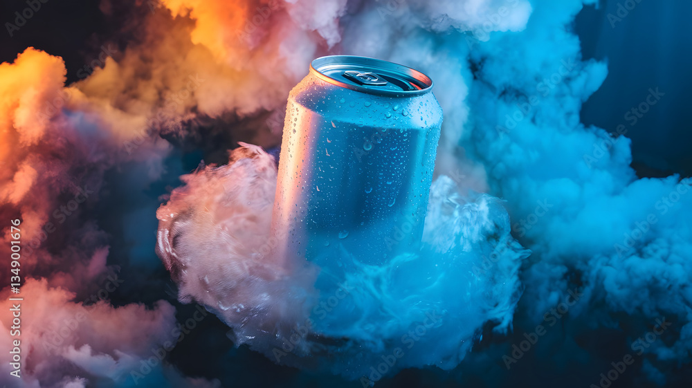 Poster chilled refreshment: a refreshing beverage in a sleek, silver can surrounded by swirling, vibrant cl