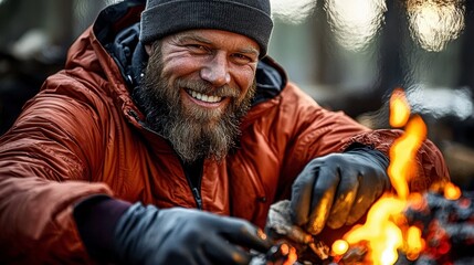 Obraz premium Amidst the crisp embrace of nature, a rugged man finds solace and joy beside a crackling fire His weathered face beams with genuine warmth as he tends to the dancing flames, his gloved hands deftly