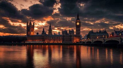 Obraz premium A stunning evening view of the Westminster Palace and Big Ben in London, set against a dramatic sky filled with dark, textured clouds.