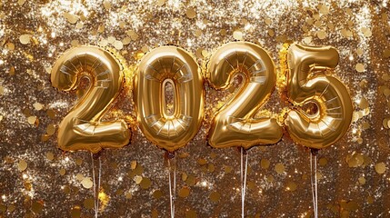 Celebrating 2025 with Golden Foil Balloons and Sparkling Festive Backgroun