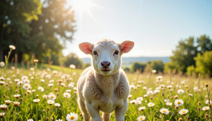 Fototapeta premium Cute lamb standing in a field of daisies under sunlight