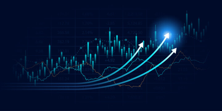Arrows abstract financial graph with uptrend line and bar chart of stock market on blue color background