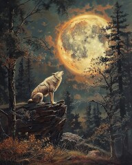 Naklejka premium A wolf sits on a mountain and howls at the full moon.