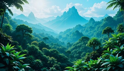 Beautiful landscape with jungle and mountains.Digital illustration lush jungle scene background.