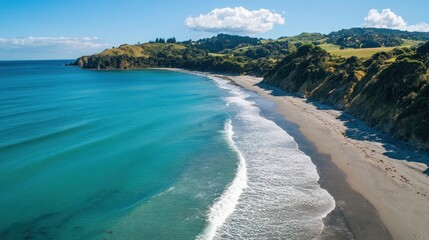 Sandy beach coast picturesque tranquil.