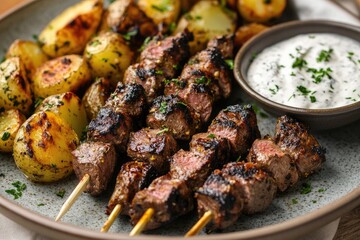 Grilled beef skewers with roasted potatoes and a yogurt sauce