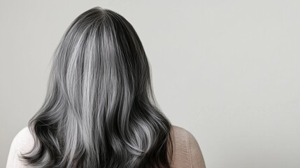 Fototapeta premium Gray-haired individual with long, wavy hair facing neutral wall in minimalistic setting during daytime