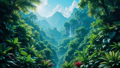 Obraz premium Beautiful landscape with jungle and mountains.Digital illustration lush jungle scene background.