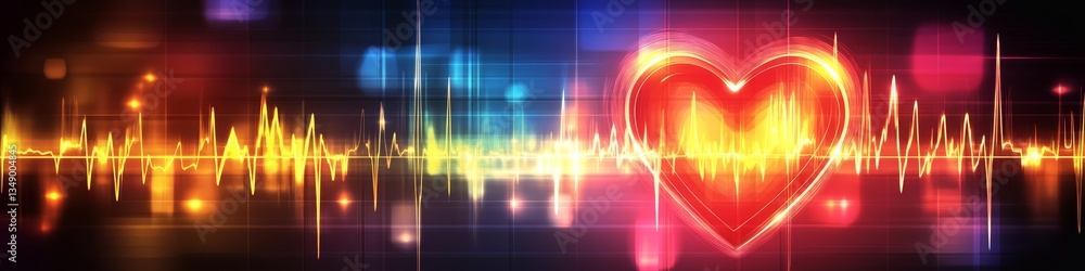 Aufkleber glowing red heart icon, abstract lines and bokeh, digital heart monitoring on grid background