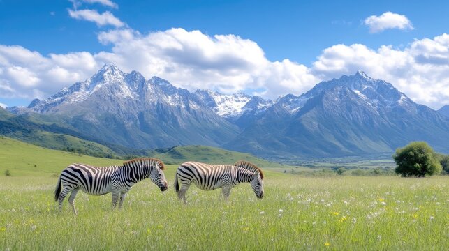 Two zebras graze peacefully in a grassy meadow, majestic mountains in the background. A breathtaking view of wildlife in a natural habitat