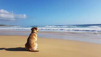 Dog enjoys a peaceful afternoon at the beach watching ocean waves under a clear sky