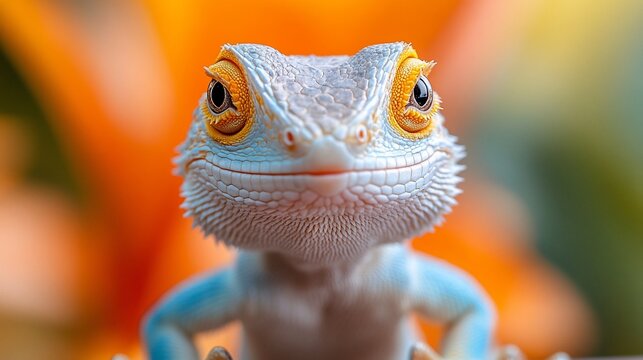 Blue lizard portrait, orange flowers, garden, pet