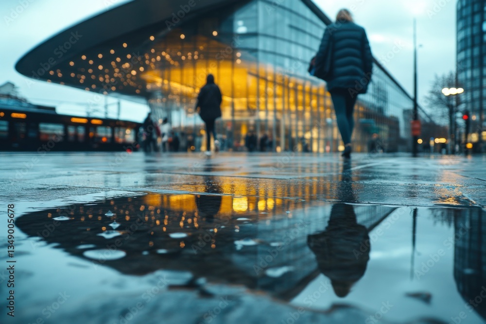 Poster rainy city in front of modern architecture, people walking and reflected in puddles. the focus is on