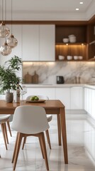 Modern kitchen and dining area featuring elegant decor, natural light, and minimalistic design elements