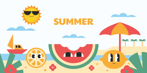Summer background in geometric flat style. Colorful cartoon character groovy fruits.