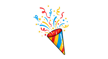colorful party popper exploding with golden sparkles, tiny stars and streamers flying out