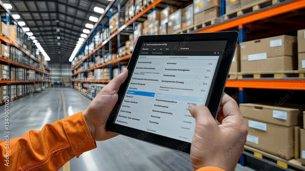 Aufkleber individual uses a tablet to monitor warehouse stock levels and analyze performance metrics in an org