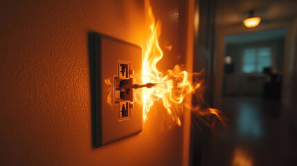On fire electric wire plug Receptacle wall partition, Electric short circuit failure resulting in electricity wire burnt.
