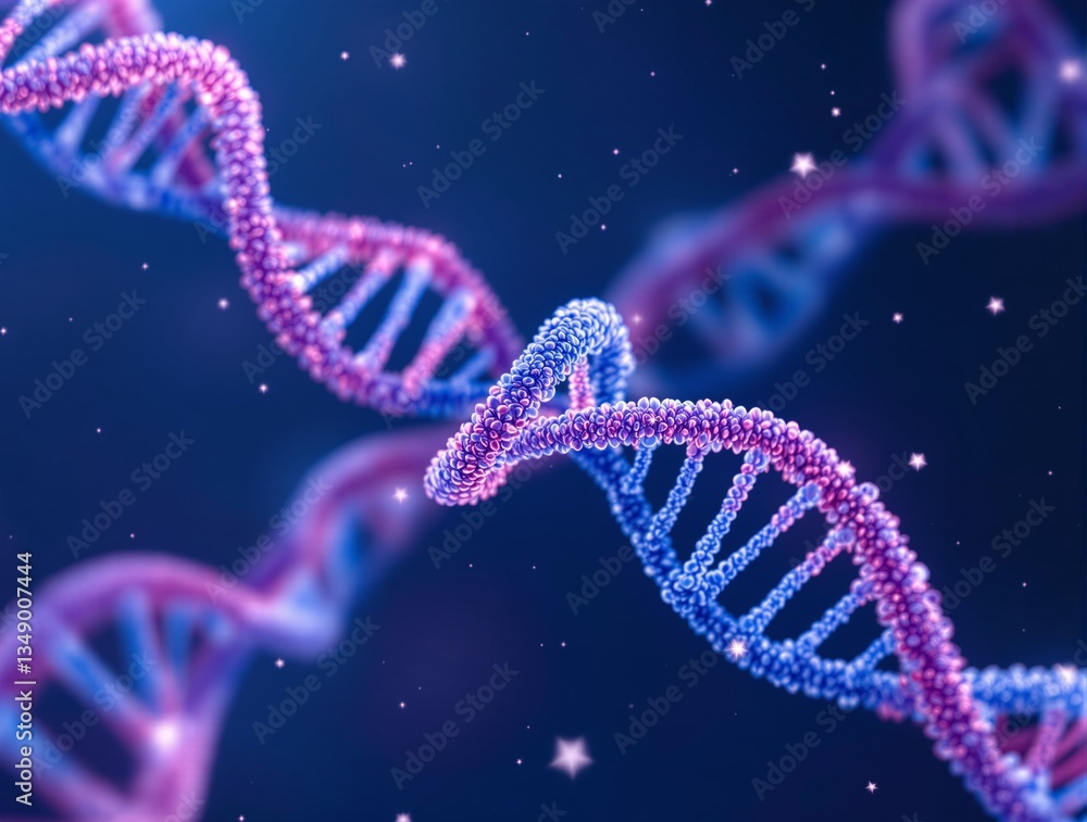 Aufkleber glowing dna double helix strands in blue and pink tones on a dark background with sparkling particle