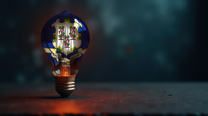 A patriotic concept: A light bulb with the Connecticut flag design glowing in the dark, symbolizing ingenuity, technology, and energy independence