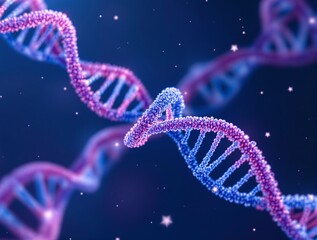 Glowing DNA double helix strands in blue and pink tones on a dark background with sparkling particles. Concept of genetics, biotech, and future tech. Ai generative