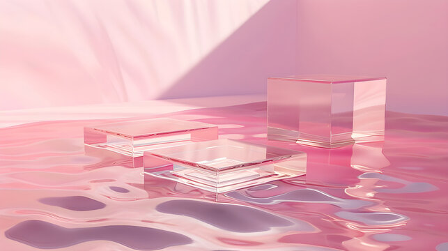 Floating ice cubes on a pink reflective surface with a dreamy atmosphere, creating a modern and refreshing artistic background.