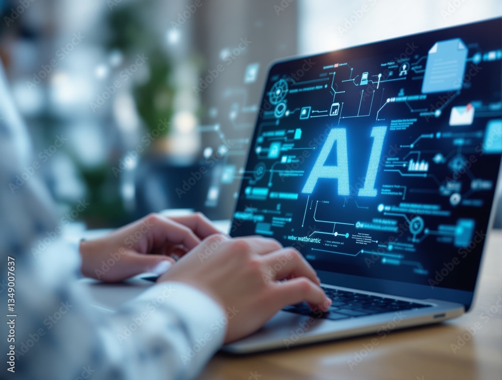 Poster person typing on a laptop with ai digital interface on the screen, displaying futuristic technology 