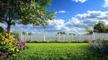Spring garden, white fence, flowers, sunny day, postcard