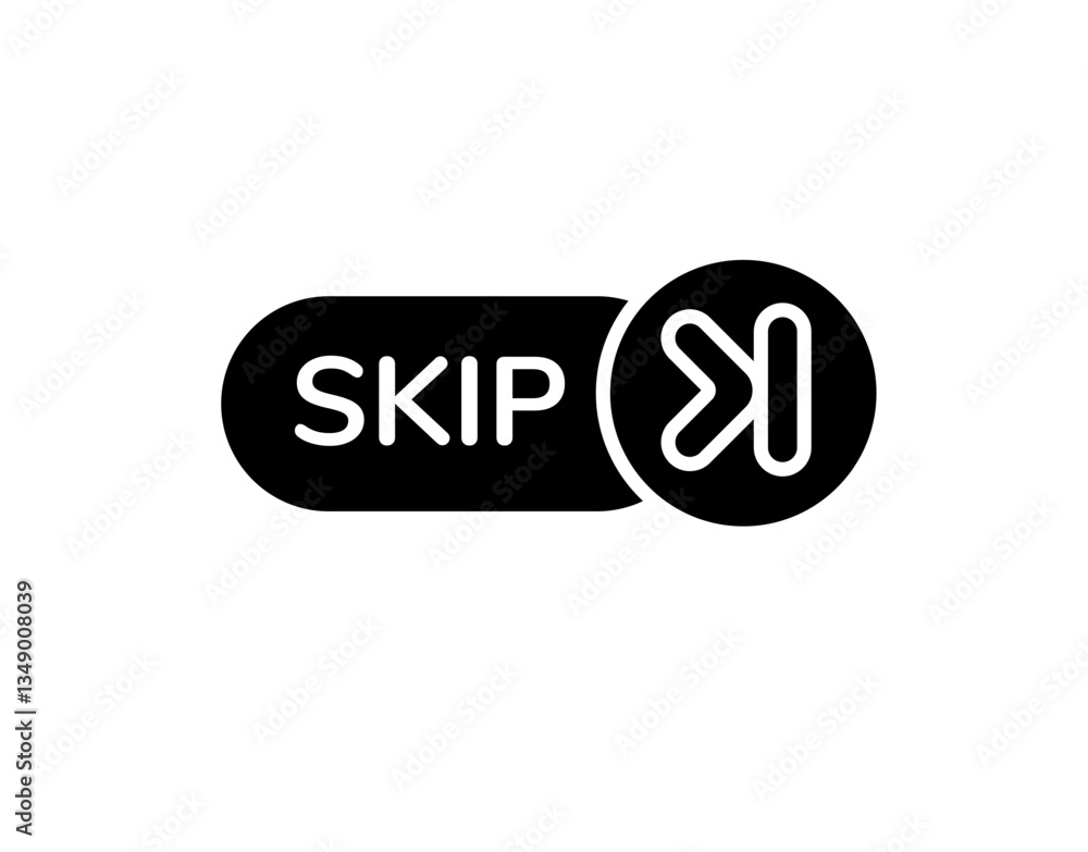 Poster black and white skip button featuring bold font and an arrow for sleek and modern interface design.