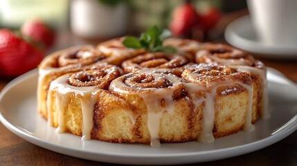 Freshly baked cinnamon rolls drizzled creamy icing and a swirl of cinnamon served on a clean white plate a sweet and warm bakery delight
