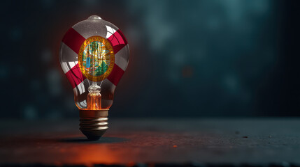 A patriotic concept: A light bulb with the Florida flag design glowing in the dark, symbolizing ingenuity, technology, and energy independence